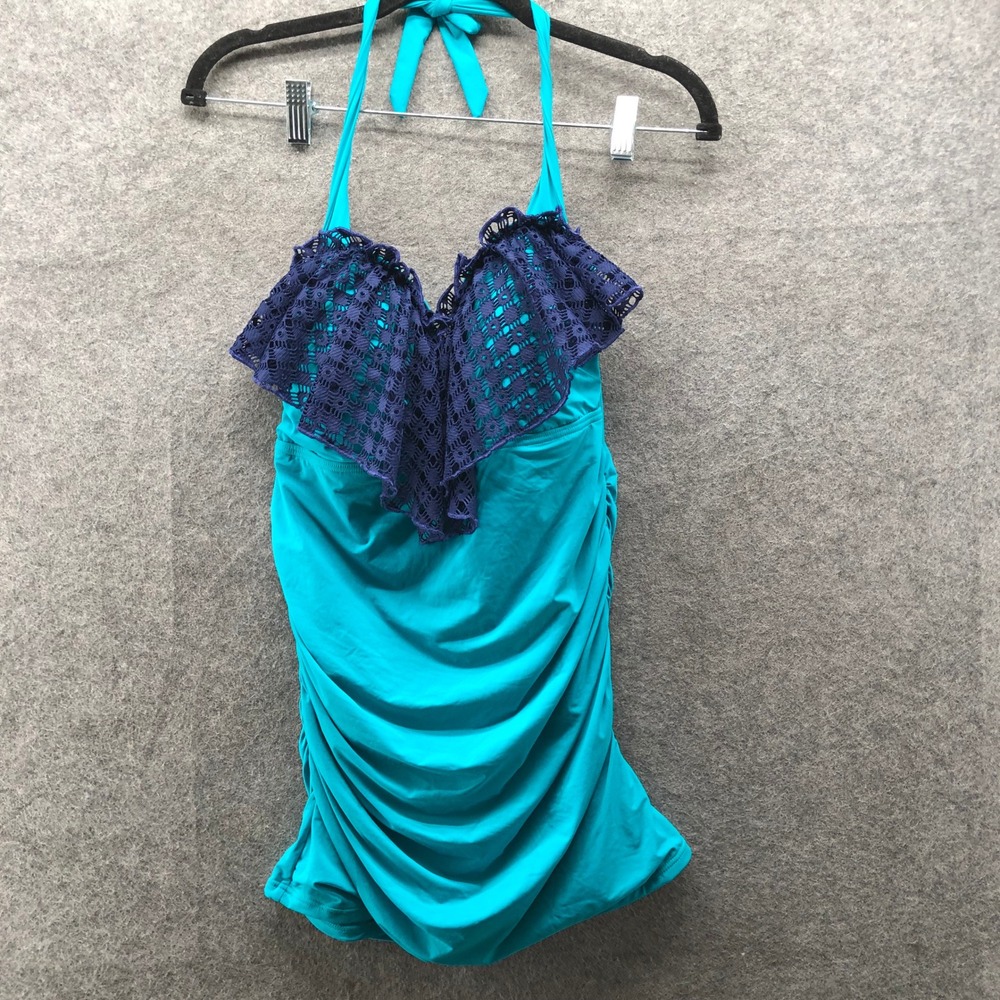 NWT Kimi and Kai Maternity Tankini Top Womens M Blue Halter Padded Ruffle Ruched